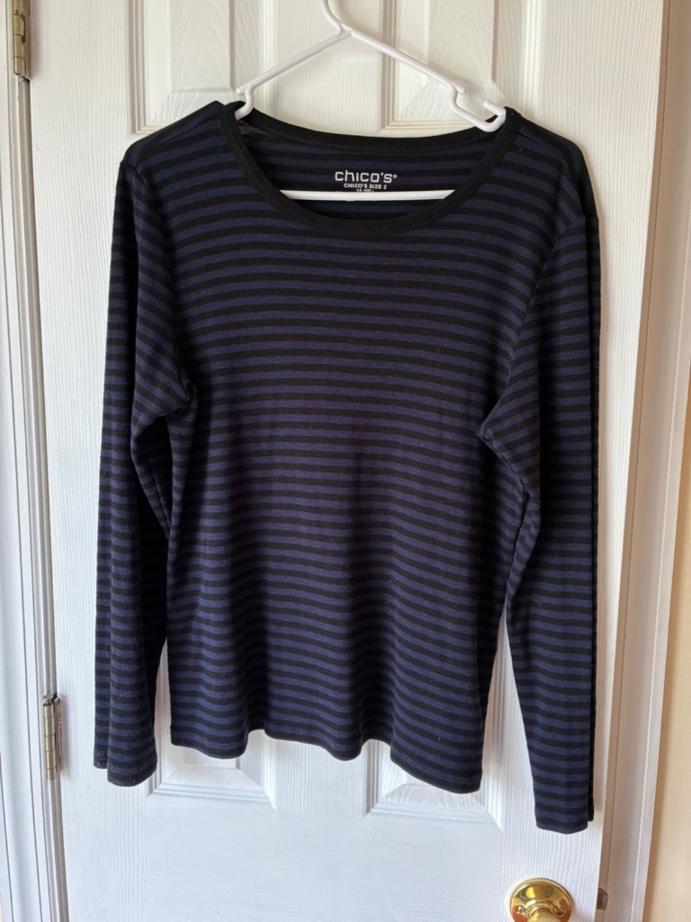 Chico's Navy & Black Striped Long Sleeve Top
